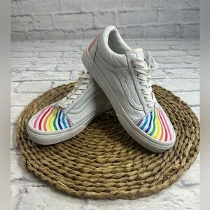 Vans “Flour Shop” White Leather Sneakers with Rainbow Stripes. Size 7.5